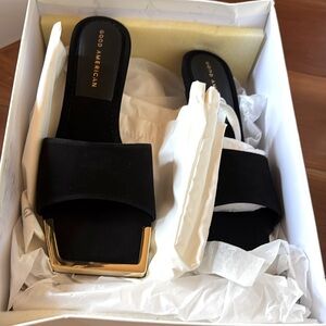 Good American black gold square toe slide sandals shoes size 6.5